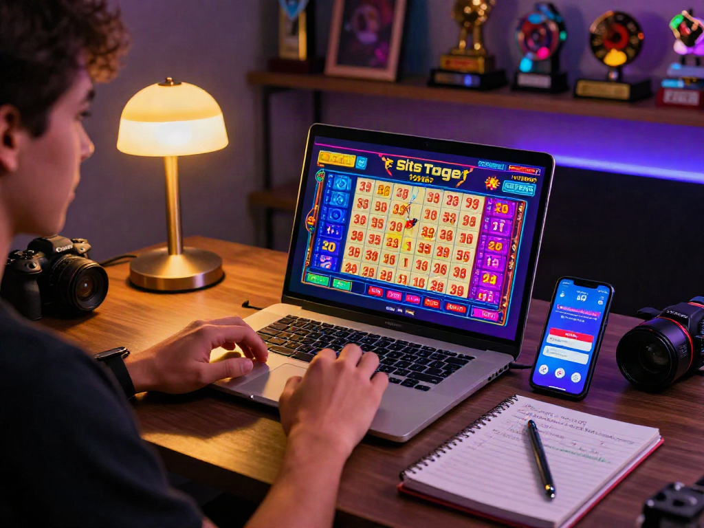 Player enjoying situs togel game on laptop with vibrant graphics and gaming memorabilia.