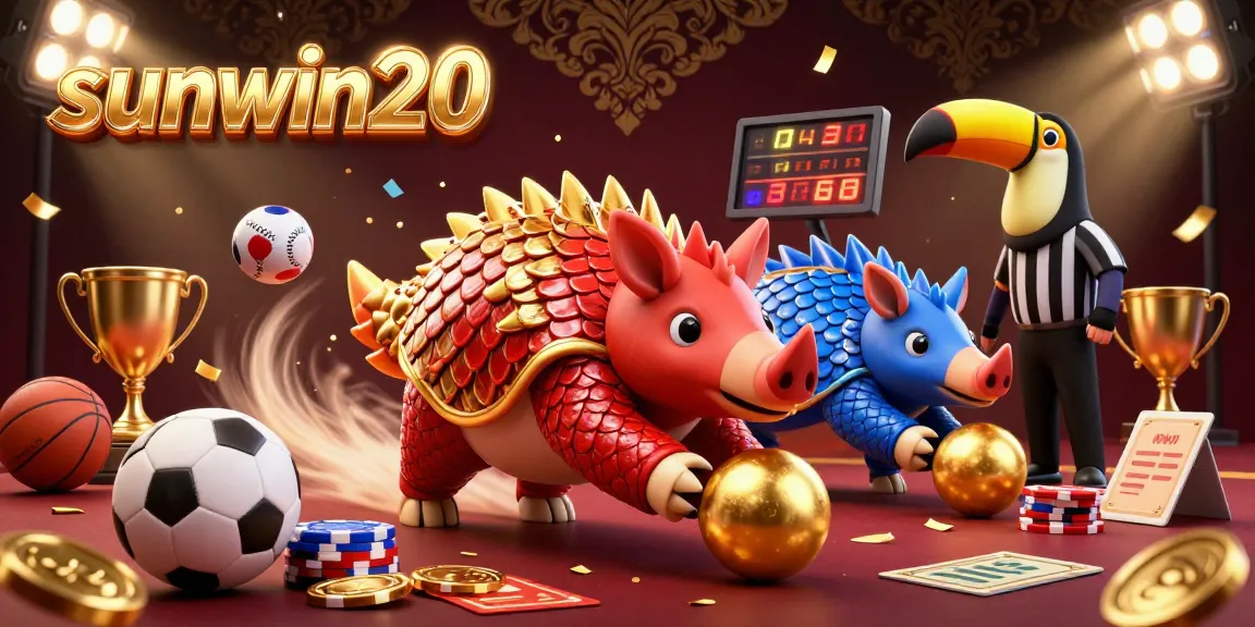 Engage in thrilling gaming action at sunwin20 with a vibrant scene featuring rival pangolins bowling through poker chips.