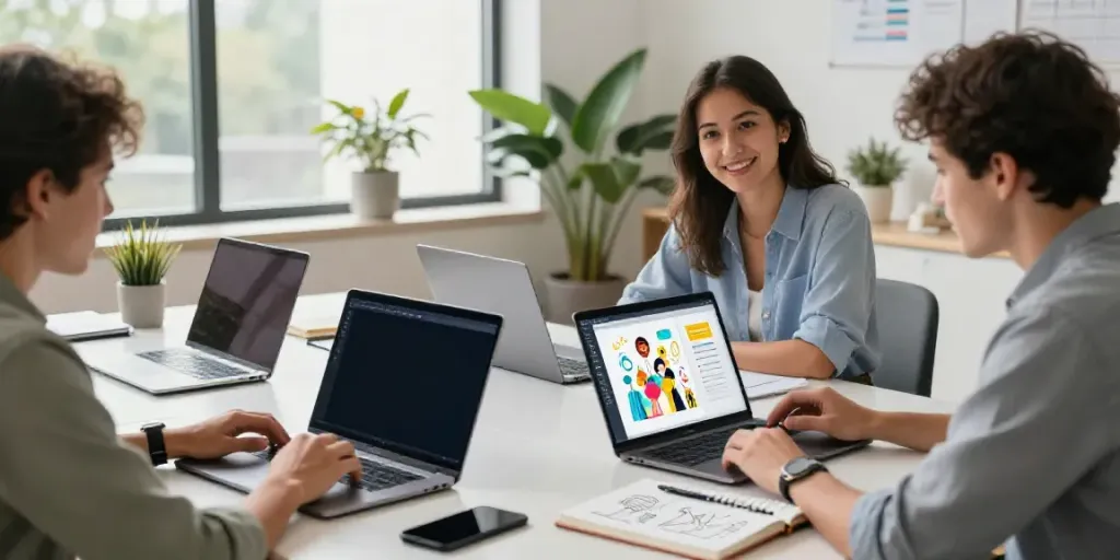Team collaborating on how to use an AI article illustration generator with vibrant AI-generated designs and laptops.