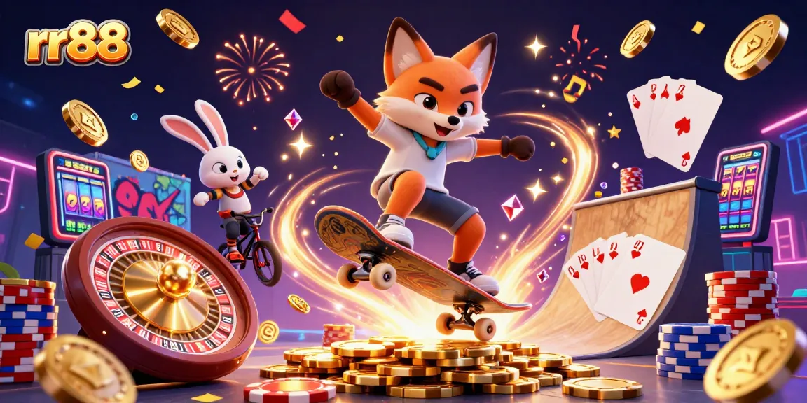 Experience thrilling wins with rr88 as a fox skater and rabbit BMX rider enjoy a vibrant casino scene.
