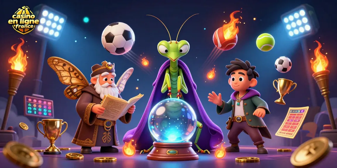 Illustration d'un casino en ligne France avec des personnages mystiques et des éléments sportifs interactifs.