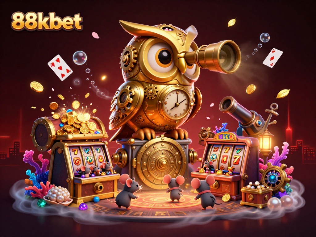 Engage with thrilling 88kbet action as a clockwork owl surveys a bustling casino with vibrant games.