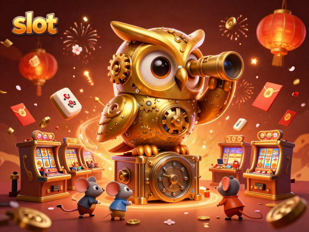 Engage with exciting slot machines in a vibrant casino scene featuring a golden owl.