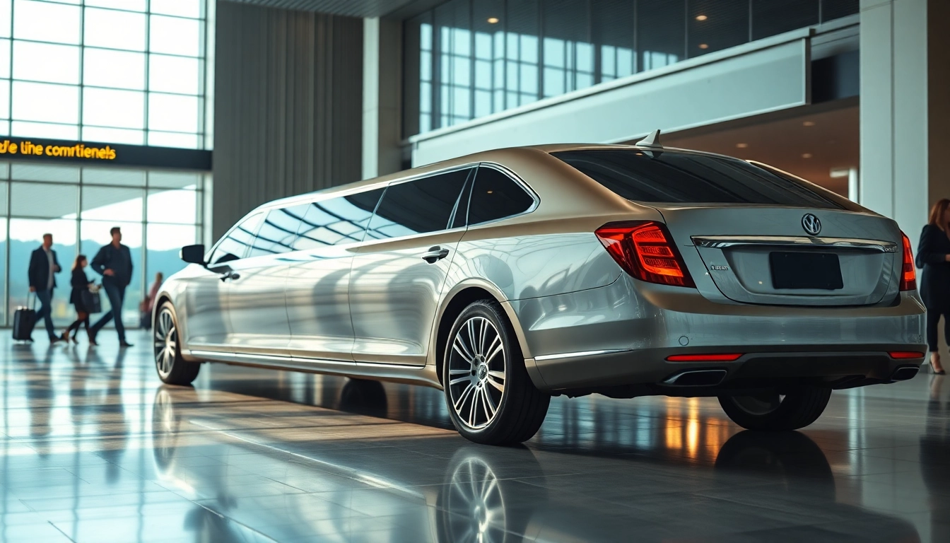 Airport limo parked at an airport terminal, showcasing elegance and luxury for travelers.