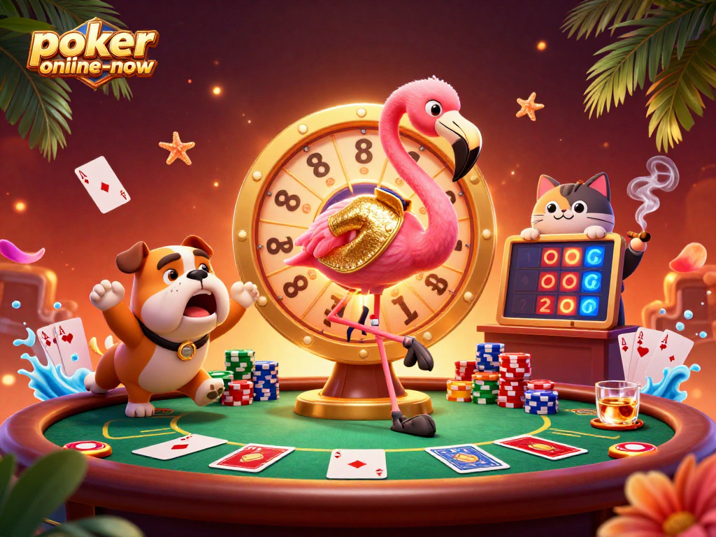 Experience thrilling gameplay with poker-online-now's vibrant casino scene featuring poker elements and characters.