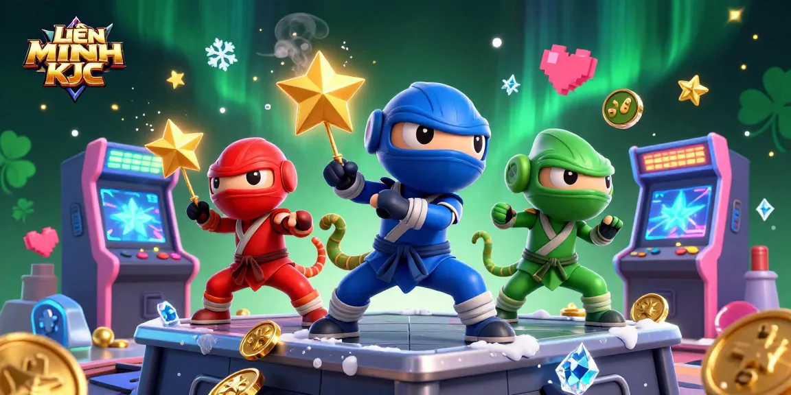 Experience the thrill of LIÊN MINH KJC as dynamic chameleons engage in synchronized martial arts amidst colorful arcade casino elements.