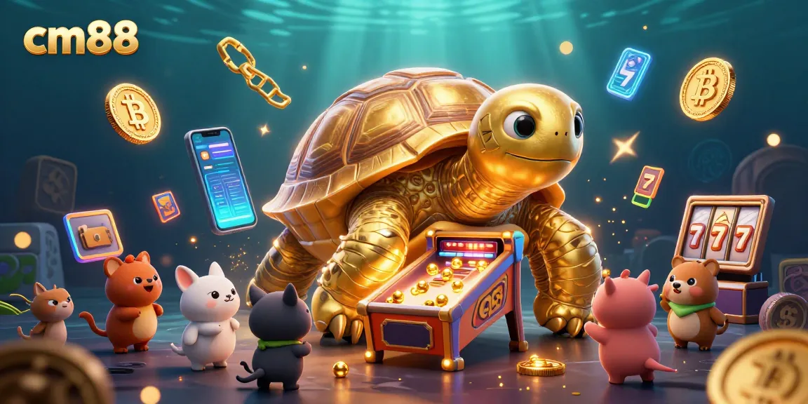 Experience cm88's vibrant casino atmosphere with golden tortoise pinball and crypto elements.