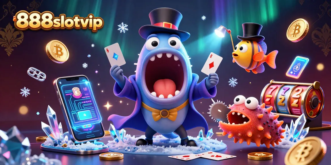 Experience thrilling gameplay with 888slotvip as a bioluminescent eel entertains with magic, surrounded by vibrant crypto coins.