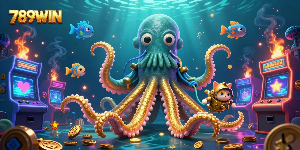 Engage with 789WIN's thrilling environment featuring a kraken and a diving cat in a vibrant underwater scene.