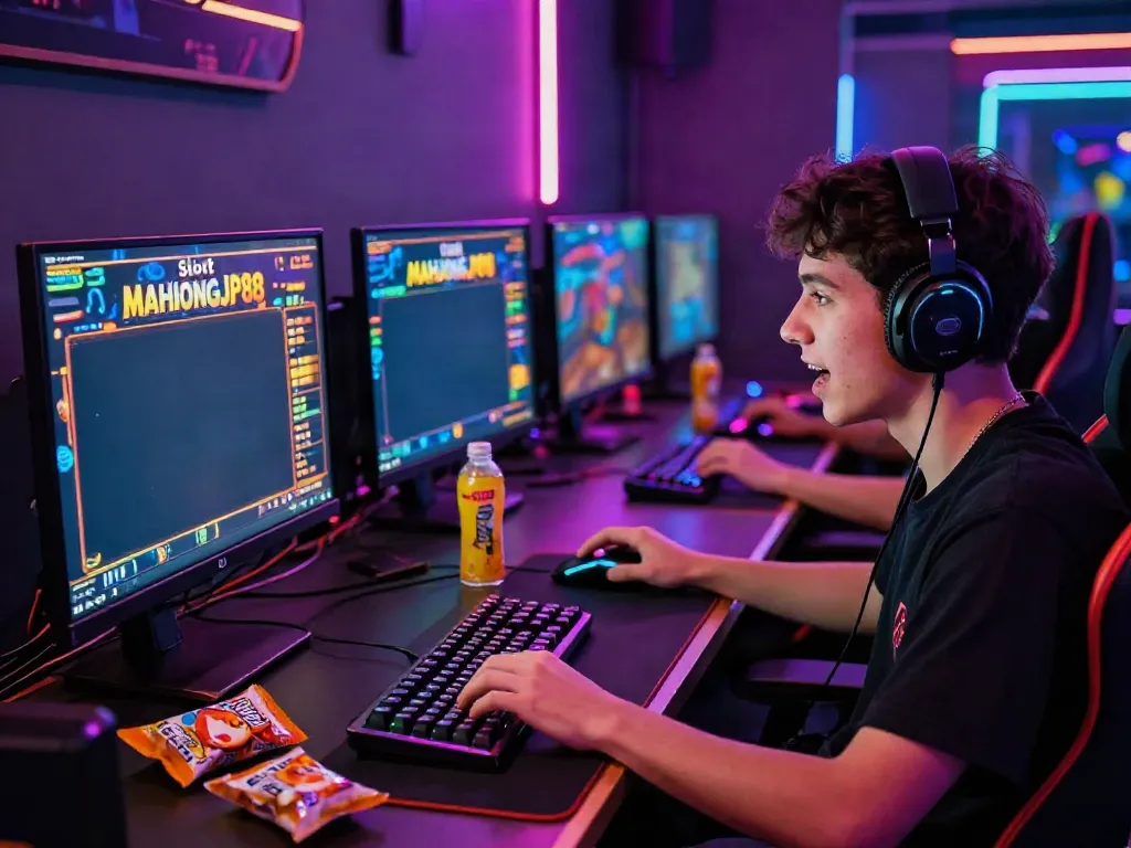 Engaged gamer playing Slot MAHJONGJP88 on a high-end setup with colorful visuals and gaming gear.