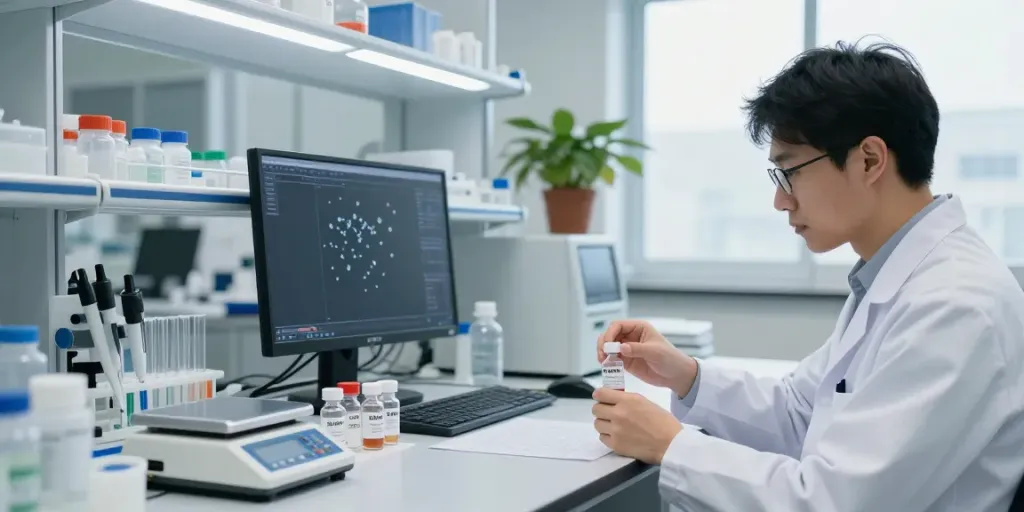 Scientist examining SwissChems peptides in a modern lab setting, with vials and advanced lab equipment visible.
