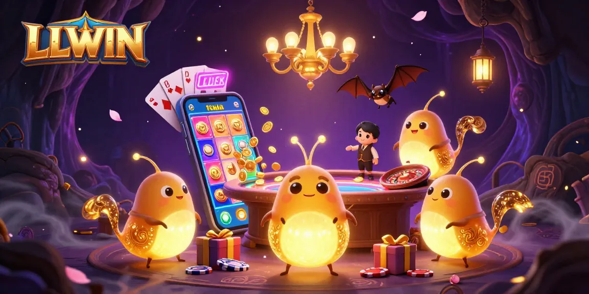 LLWIN illuminates a vibrant casino scene with glowworms and a bat dealer, showcasing excitement and rewards.