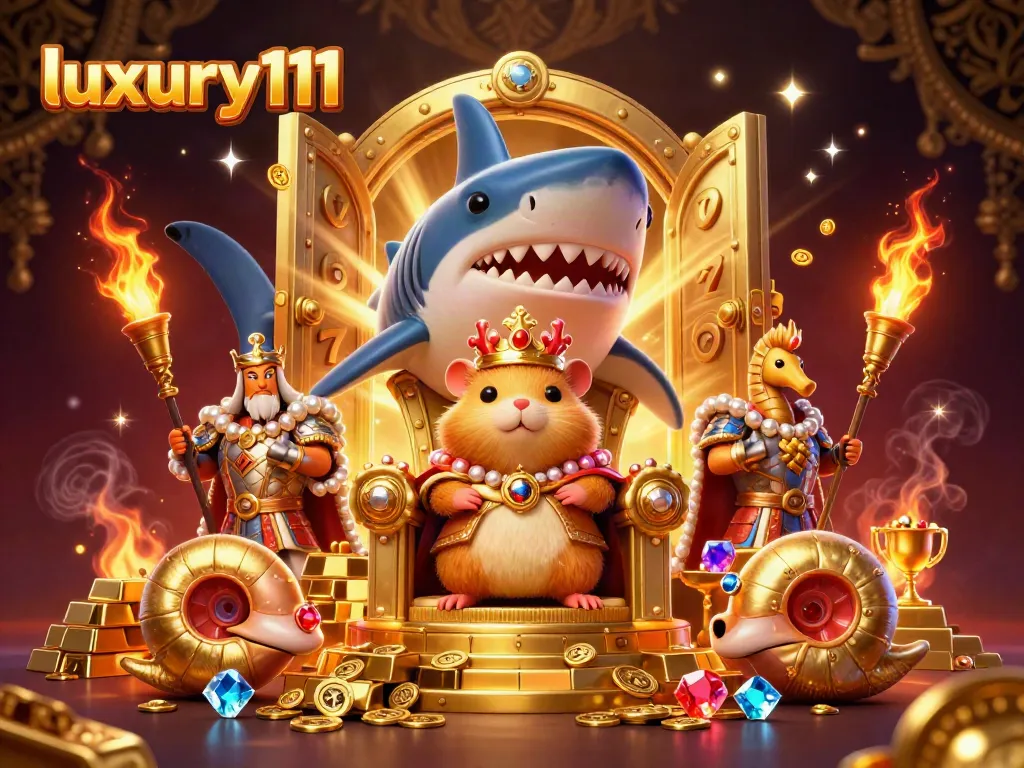 Capture big wins with luxury111 in this vibrant casino scene featuring a golden hamster king and treasure.