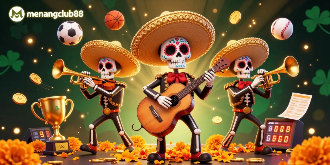 Enhance gameplay with menangclub88 strategies in a vibrant 3D illustration of a mariachi band amidst exciting sports elements.