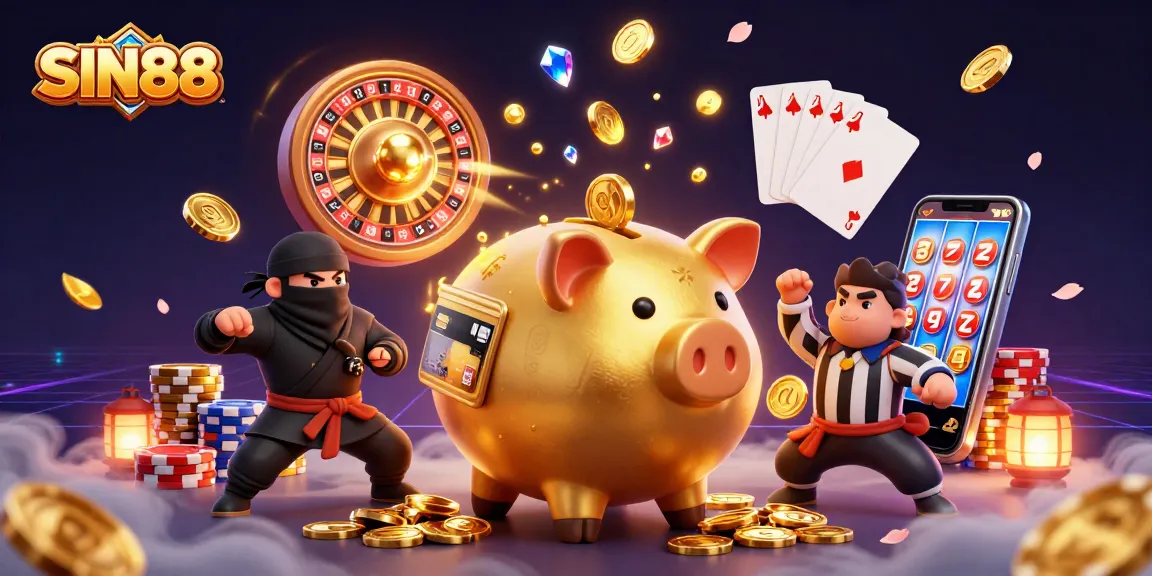 SIN88 features an energetic scene with a piggy bank sumo wrestler surrounded by gold coins and vibrant casino elements.