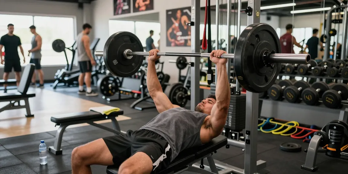 Focused bodybuilder lifting weights in a gym environment, showcasing strength and intensity at Steroid Shop.