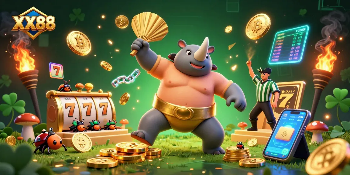 Experience the thrill of XX88 as a sumo beetle champion unleashes golden coins in a dynamic casino scene.