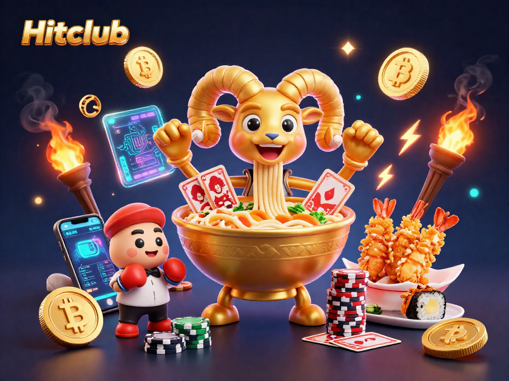 Hitclub brings excitement with a golden ramen bowl dealing cards amidst vibrant crypto elements.
