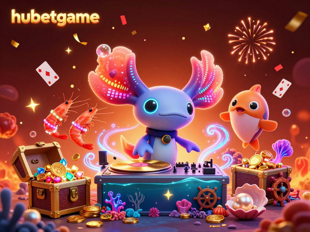 Experience the thrill of hubetgame as a neon axolotl DJ spins records in an underwater casino scene.