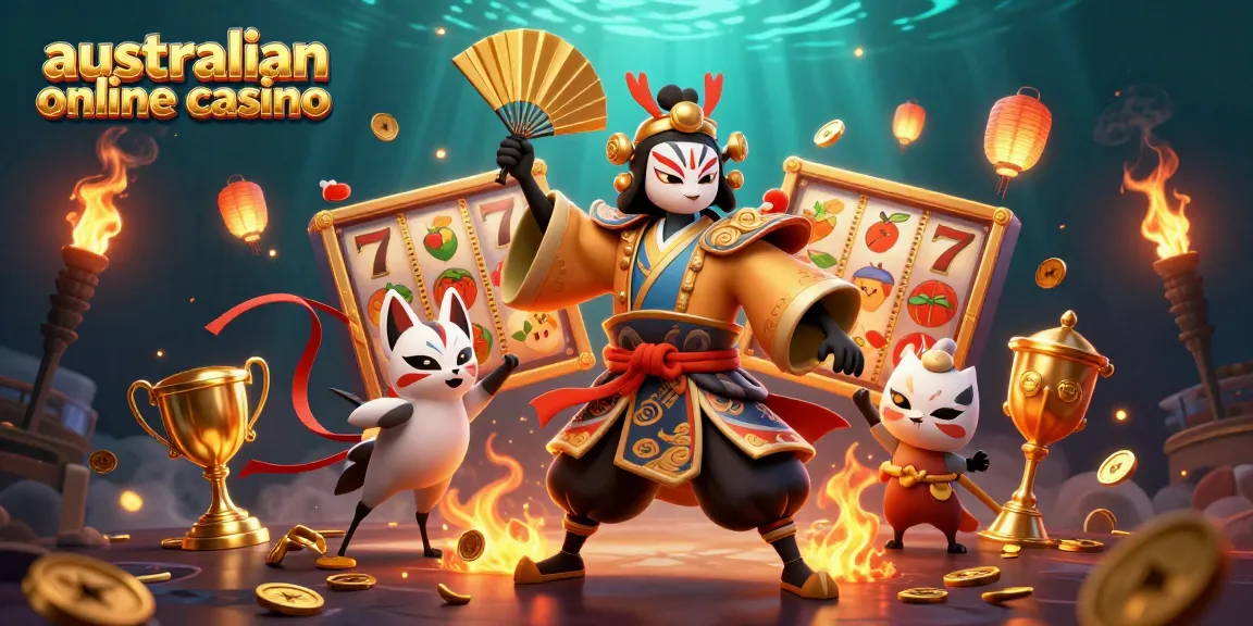 A vibrant scene showcasing an australian online casino with a kabuki warrior and a kitsune mask, surrounded by slot reels and gold coins.