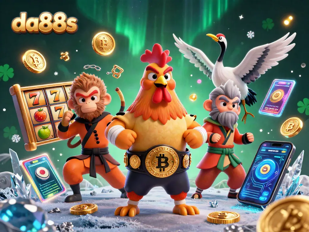Engage with da88s in a vibrant 3D casino scene featuring a Muay Thai rooster, a Shaolin monkey, and a wise crane master, surrounded by exciting slot elements.