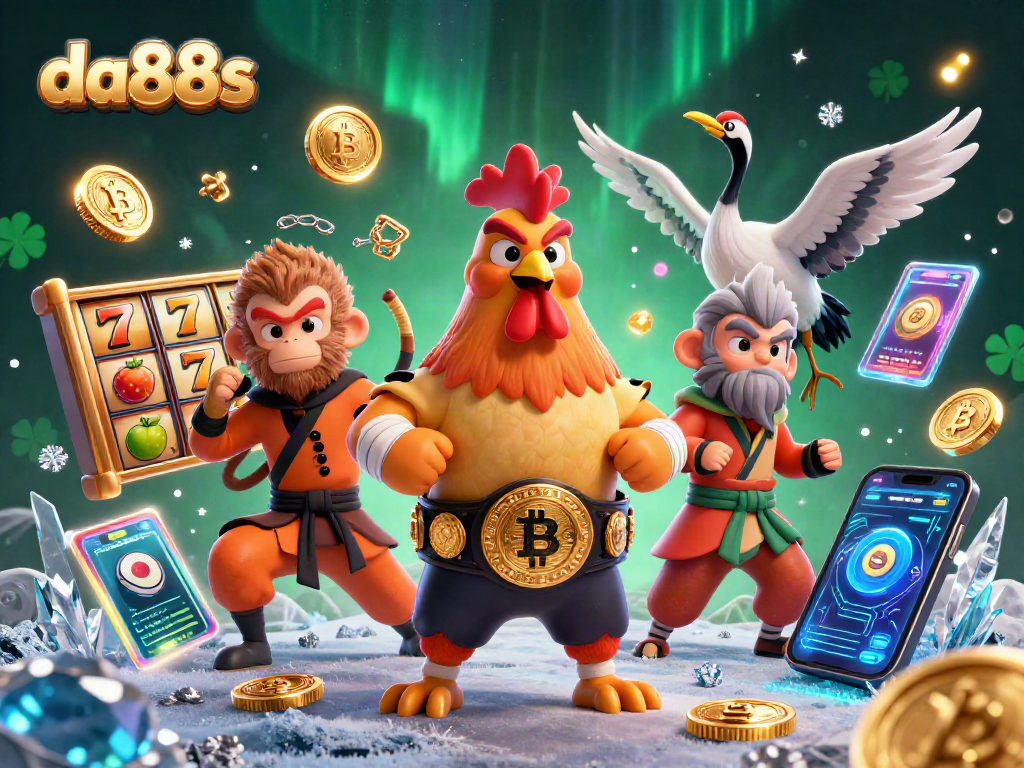 Engage with da88s in a vibrant 3D casino scene featuring a Muay Thai rooster, a Shaolin monkey, and a wise crane master, surrounded by exciting slot elements.