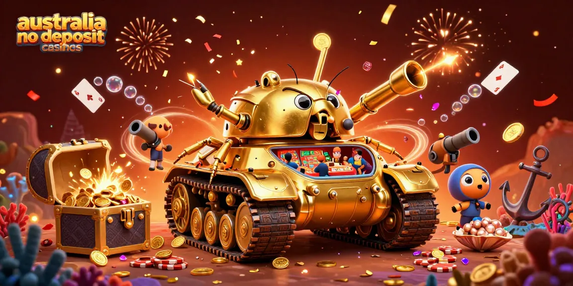 Experience thrilling gameplay at australia no deposit casinos with a vibrant 3D scene of a miniature casino inside a golden beetle tank.