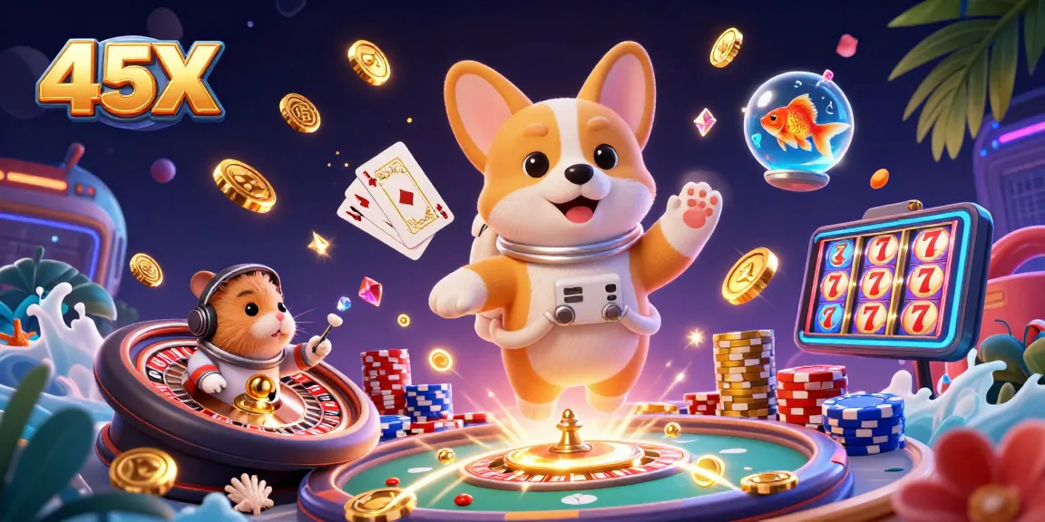 Engage in the 45X space station casino with a playful corgi astronaut amidst vibrant gambling elements.