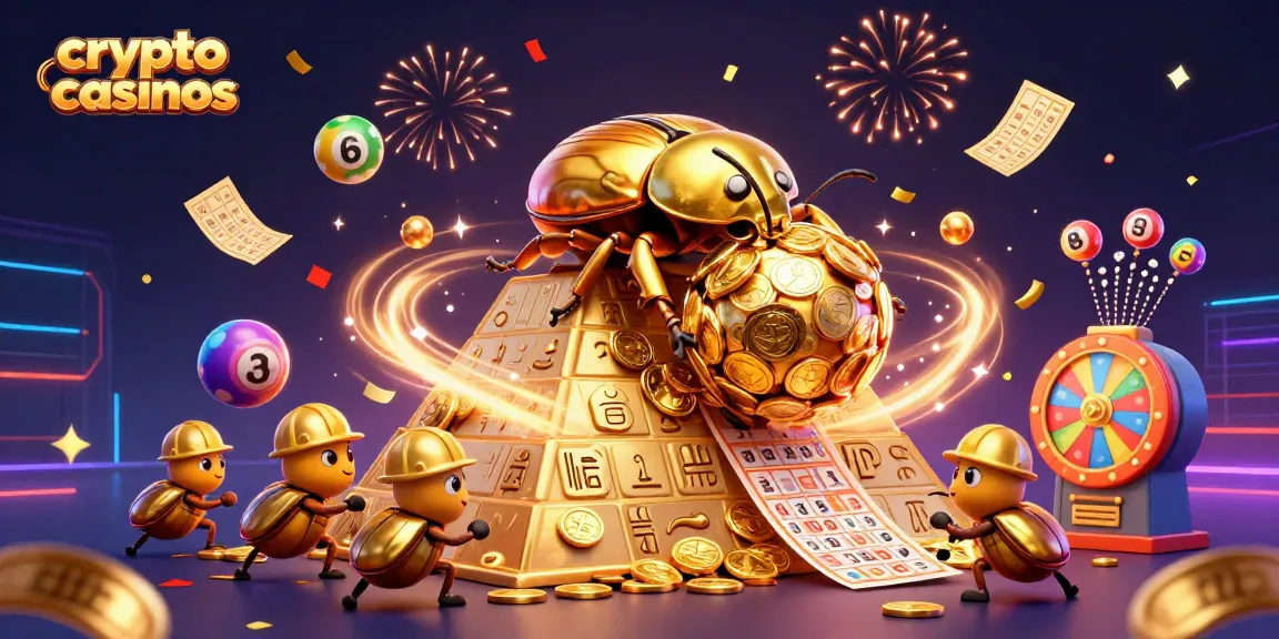 Découvrez les crypto casinos avec un scarabée doré roulant des pièces tout en célébrant avec des éléments de loterie.