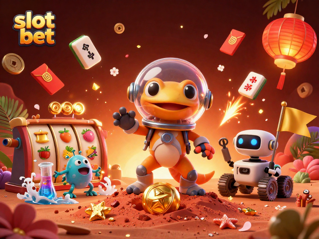 Slot bet dengan gecko Mars dan kasino emas di latar belakang merah, simbol keberuntungan bertebaran.