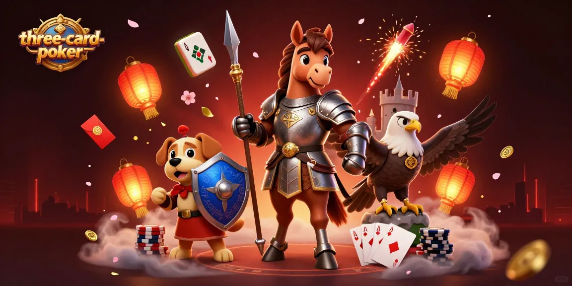 Experience thrilling three-card-poker action with a knight and companions in a vibrant casino scene.