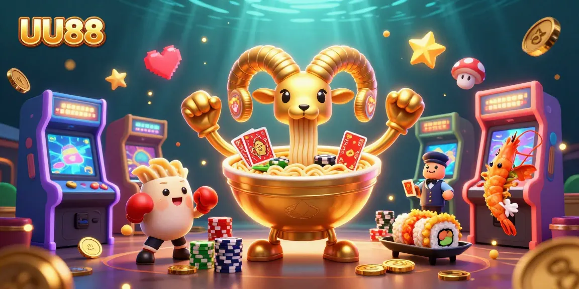 UU88 showcases vibrant 3D illustration with giant ramen bowl gambler amidst casino-themed elements.