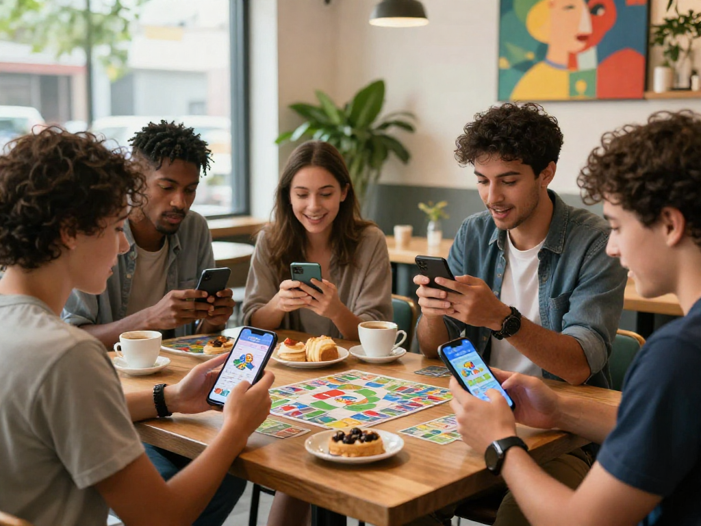 Excited players enjoying ramble rummy on mobile devices at a vibrant café.
