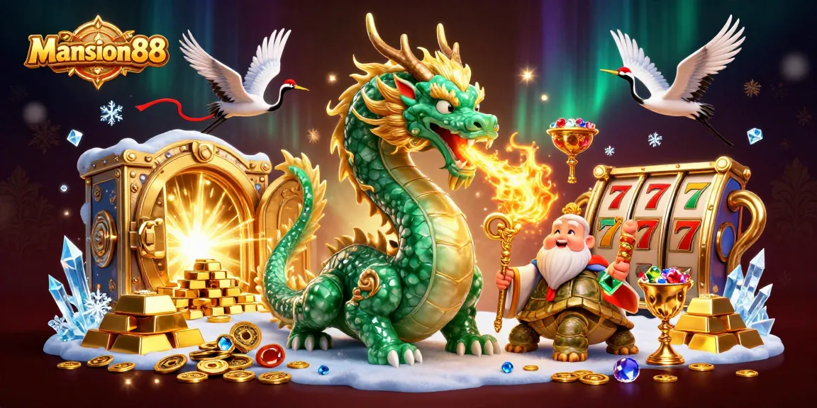 Mansion88 offers thrilling wins with a dragon, turtles, and cranes in an engaging casino scene.