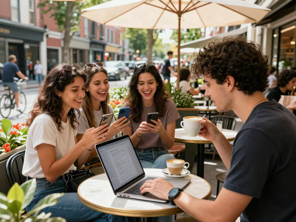 Test attractiveness using a laptop outdoors at a café, enjoying vibrant social moments.