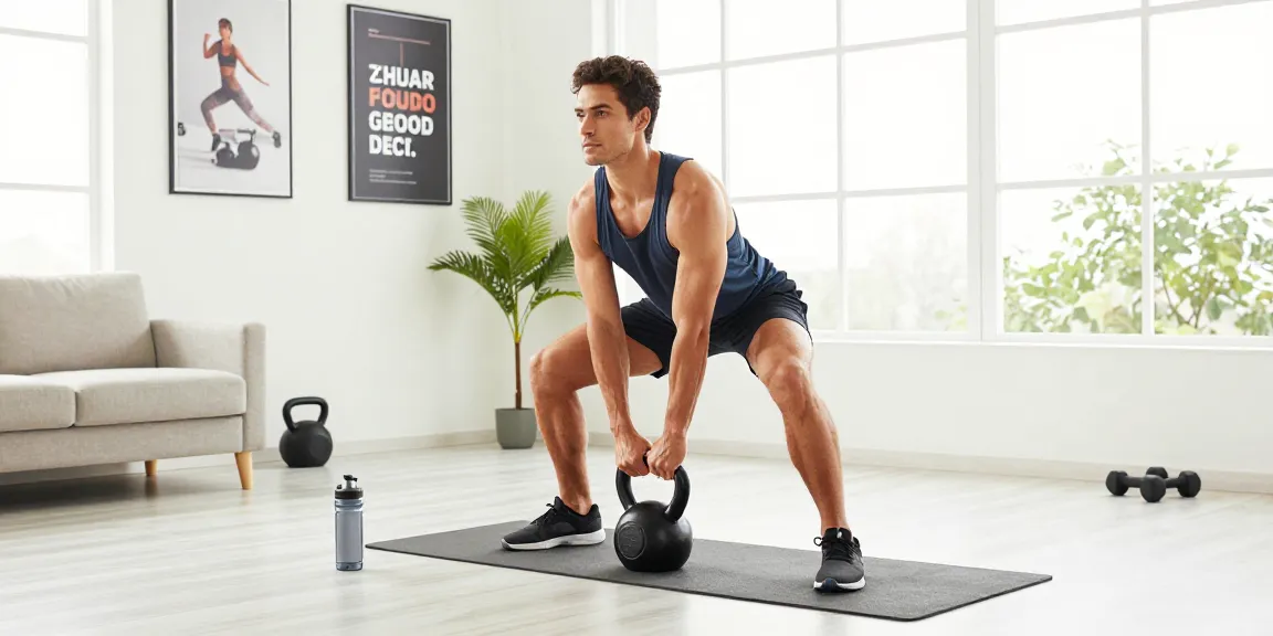 Fitness enthusiast exercising with 5 amino 1mq supplement in a bright home gym.