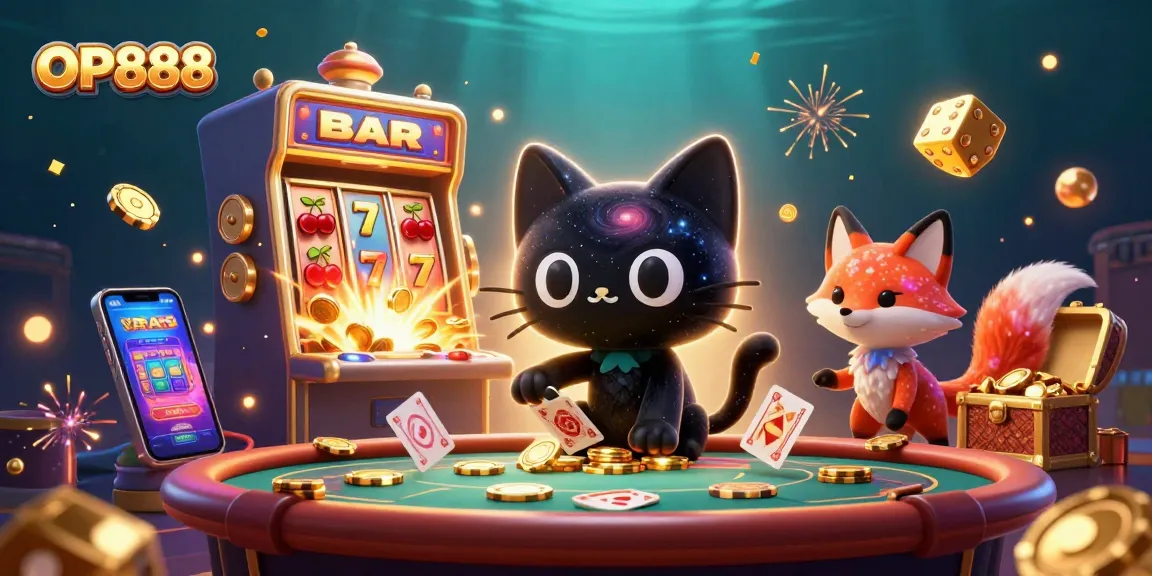 Experience the excitement of OP888 with a vibrant cosmic casino scene featuring dynamic characters and captivating game elements.