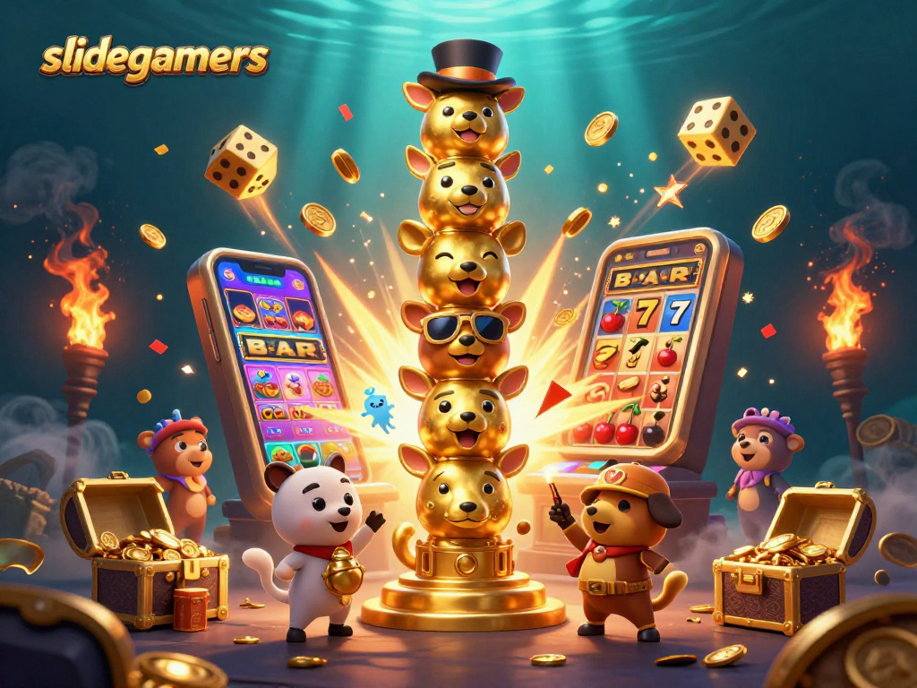 Play thrilling games at slidegamers with a vibrant slot machine bursting coins and unique totem characters.
