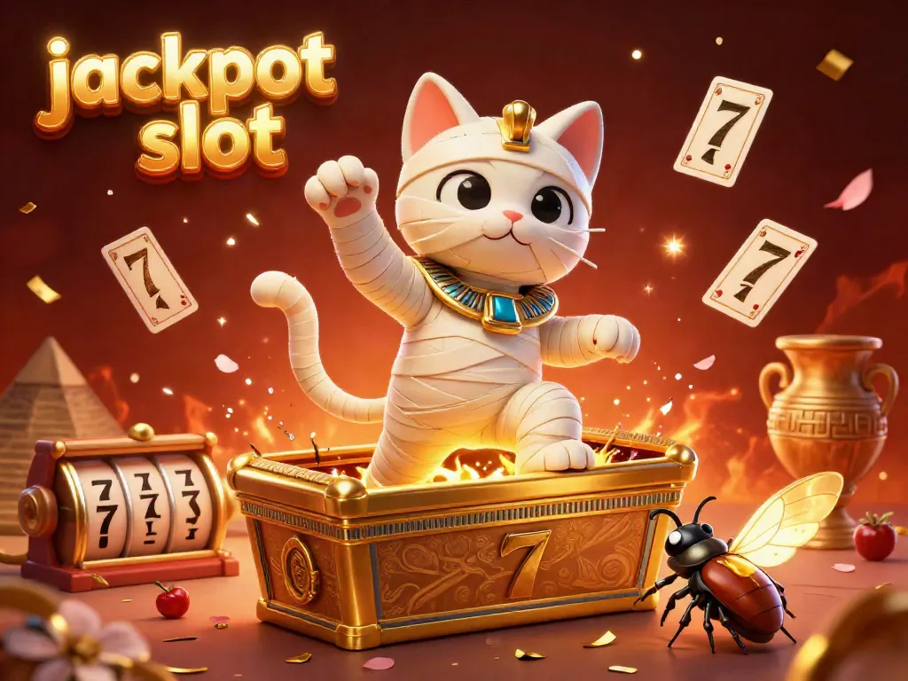 Experience the thrill of jackpot slot with an Egyptian mummy cat and glowing elements in a vibrant casino.