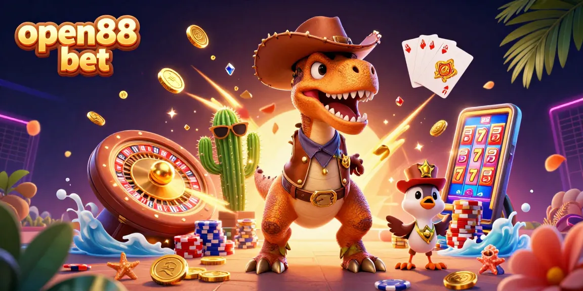 Experience exciting gameplay at open88 bet with a vibrant 3D casino illustration featuring dynamic characters and gambling elements.