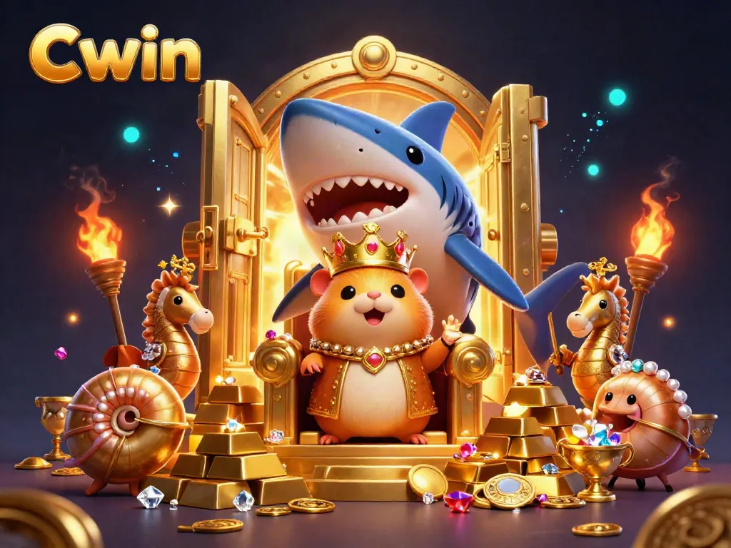 Cwin features a golden hamster king on a megalodon throne, surrounded by treasures and vibrant gambling elements.