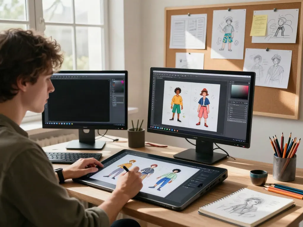 Artist using an AI character sheet generator in a vibrant creative studio.