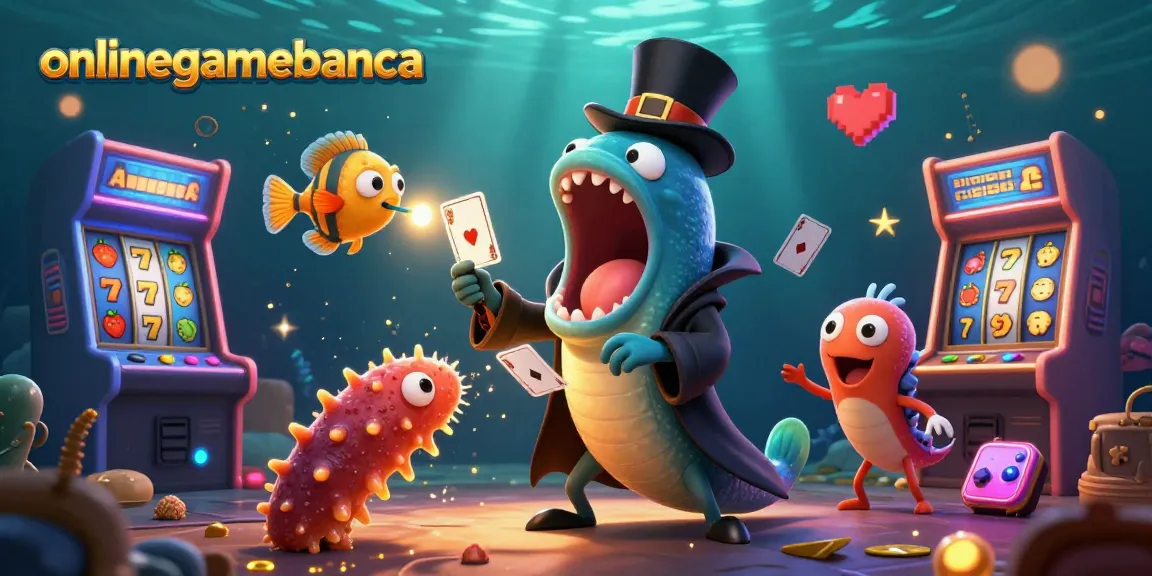 Watch the onlinegamebanca magic with a bioluminescent eel performing card tricks amidst colorful slot machines.
