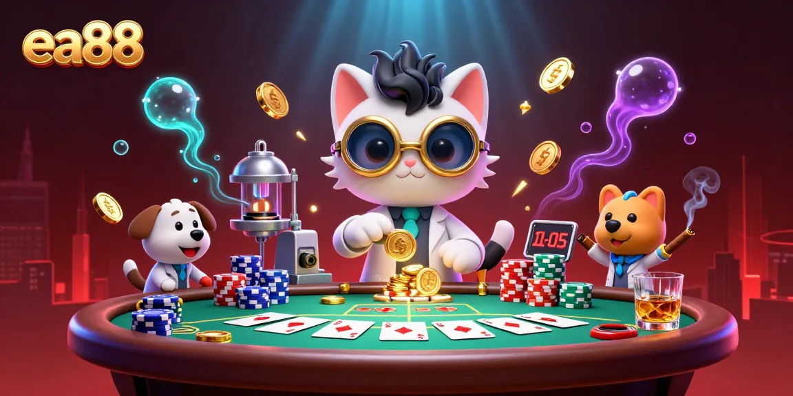 ea88 poker scene featuring a mad scientist cat and assistant dog amidst dynamic casino elements