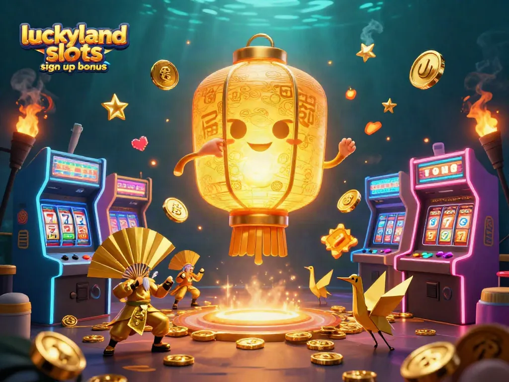 Experience the luckyland slots sign up bonus with colorful casino elements in a vibrant 3D scene.