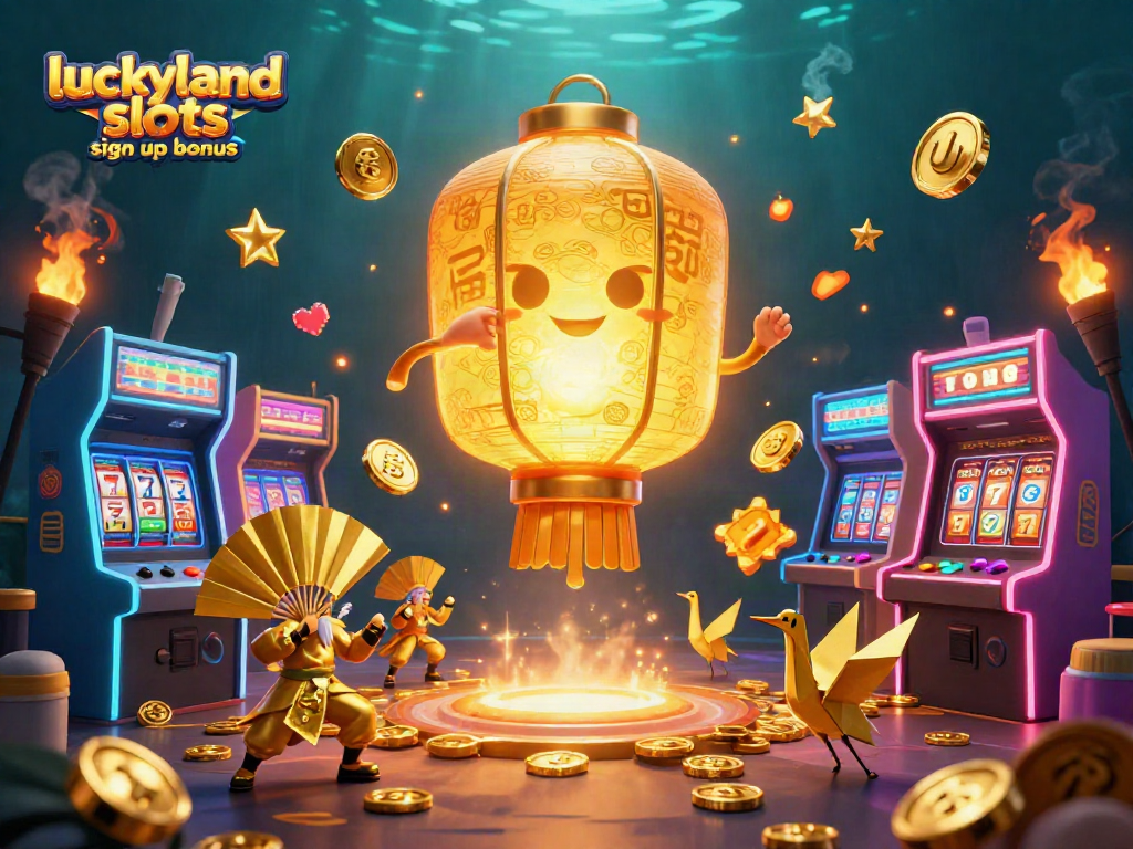Experience the luckyland slots sign up bonus with colorful casino elements in a vibrant 3D scene.