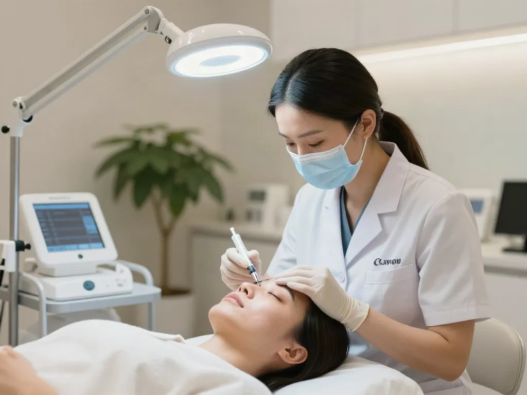 Augenringe entfernen in einer modernen Klinik, Dermatologe bei der Behandlung.