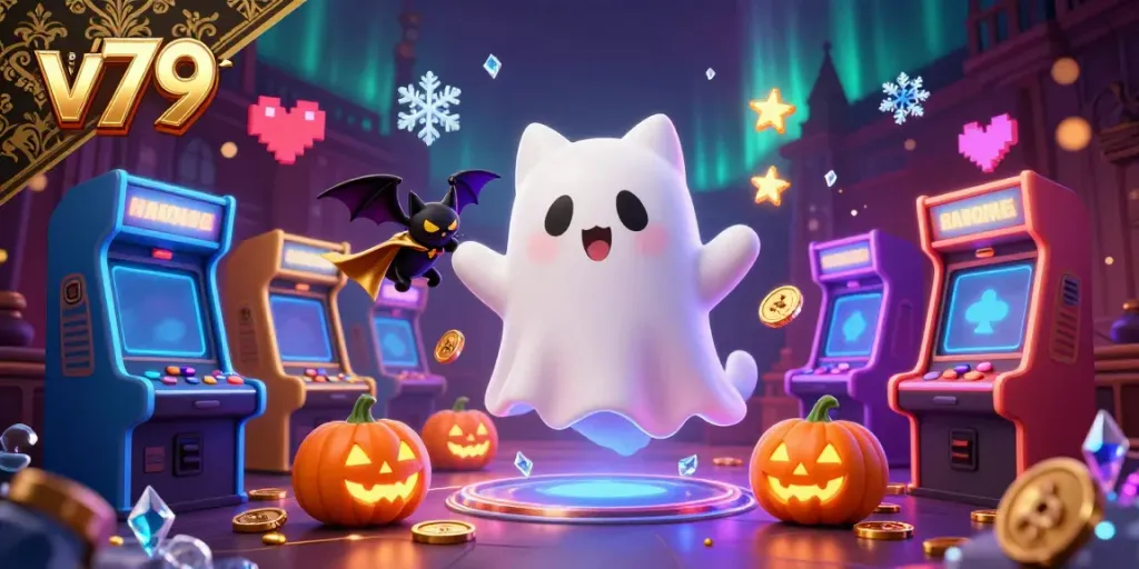 Experience the thrilling casino atmosphere with v79's ghost cat and glowing game elements.
