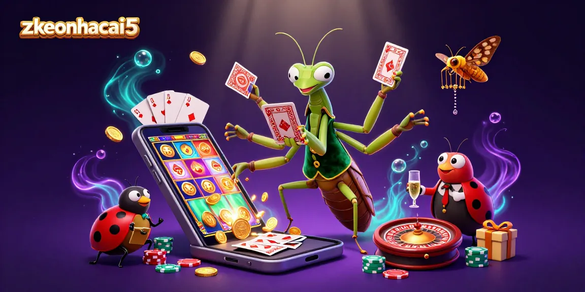 Engage with zkeonhacai5's thrilling casino atmosphere featuring a giant mantis dealing cards and a lively pit boss.