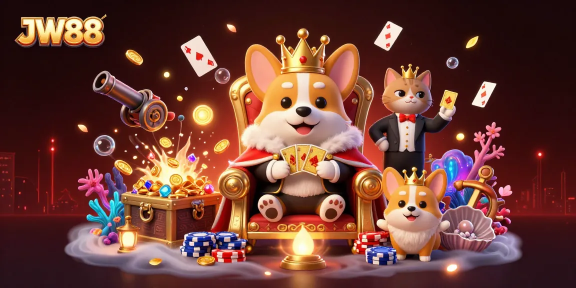Experience the thrill of gaming at JW88 with an engaging corgi-themed illustration showcasing poker and underwater treasures.